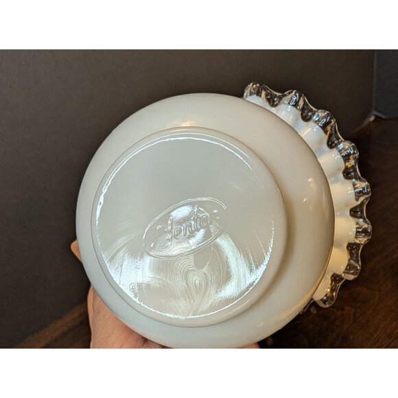Vintage Fenton Milk Glass Ruffled Basket With Clear Glass Handle 6" T X 5" W - Picture 3 of 7